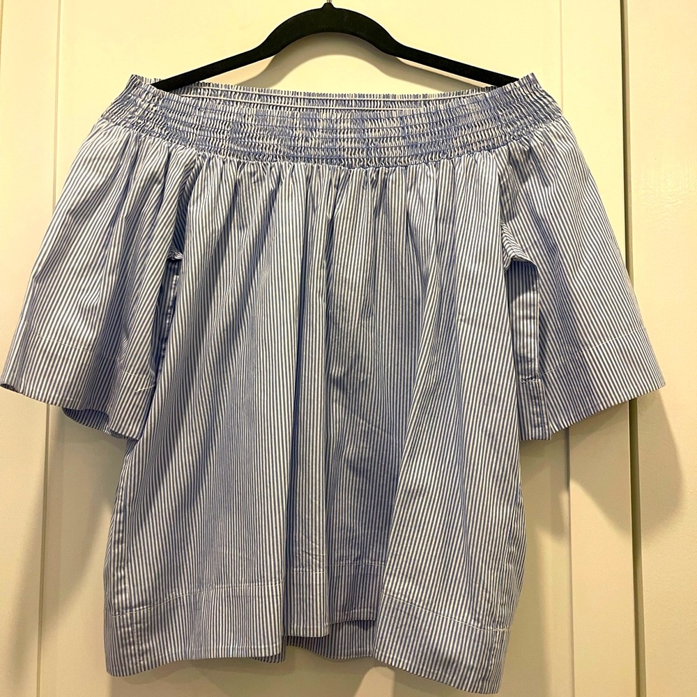 RED HAUTE - Off the Shoulder Blue and White Pinstripe cotton top SZ M